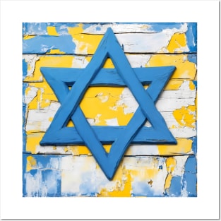 Blue and Yellow Shabby Chic Star of David Painting Posters and Art